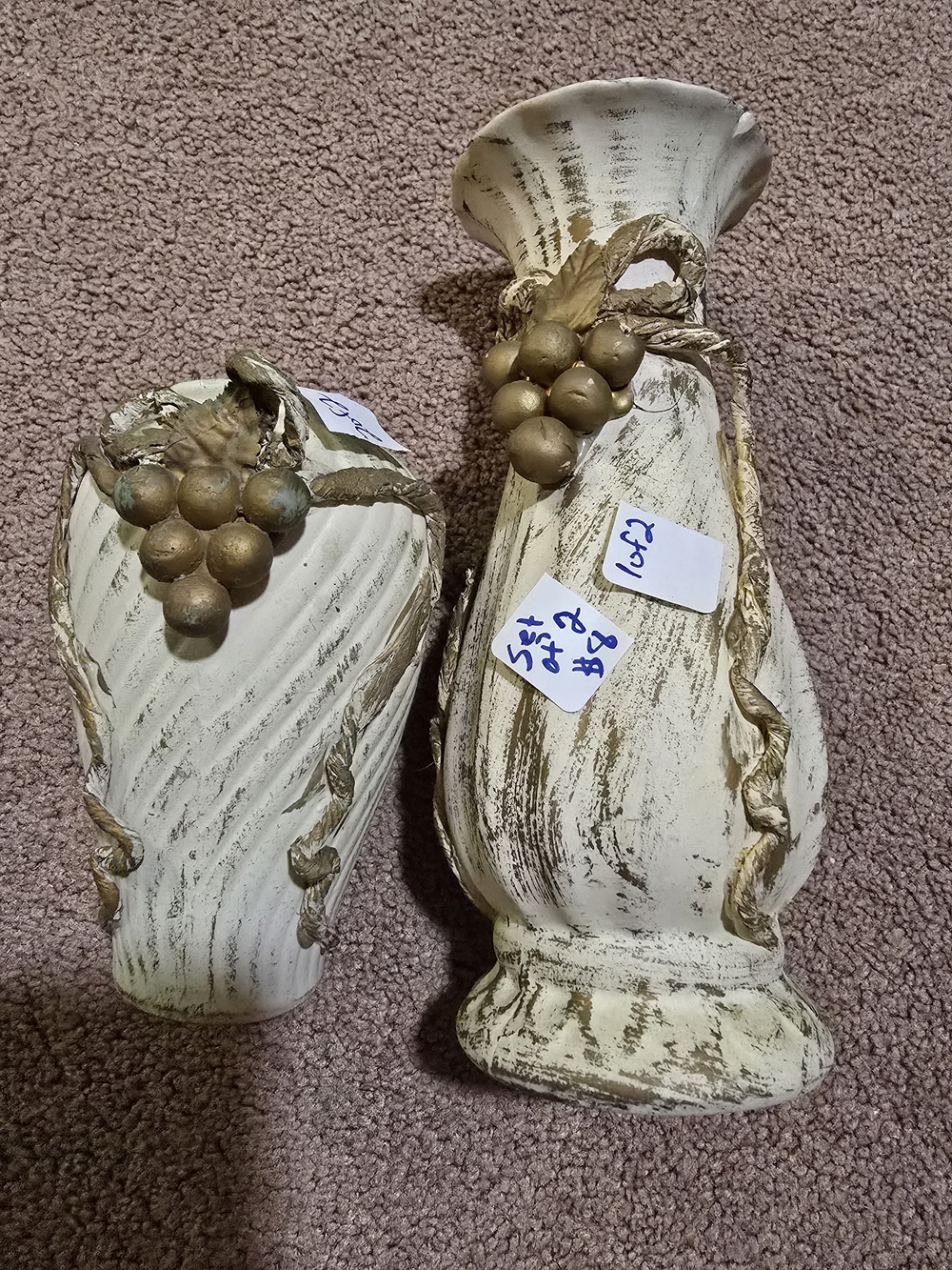 Distressed Cream Decorative Vase Pair with Gold Accents